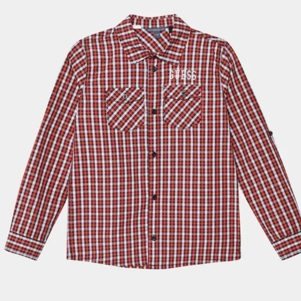 GUESS Big Boys All Over Print Poplin Woven Embroidered Logo Shirt boy’s shirt